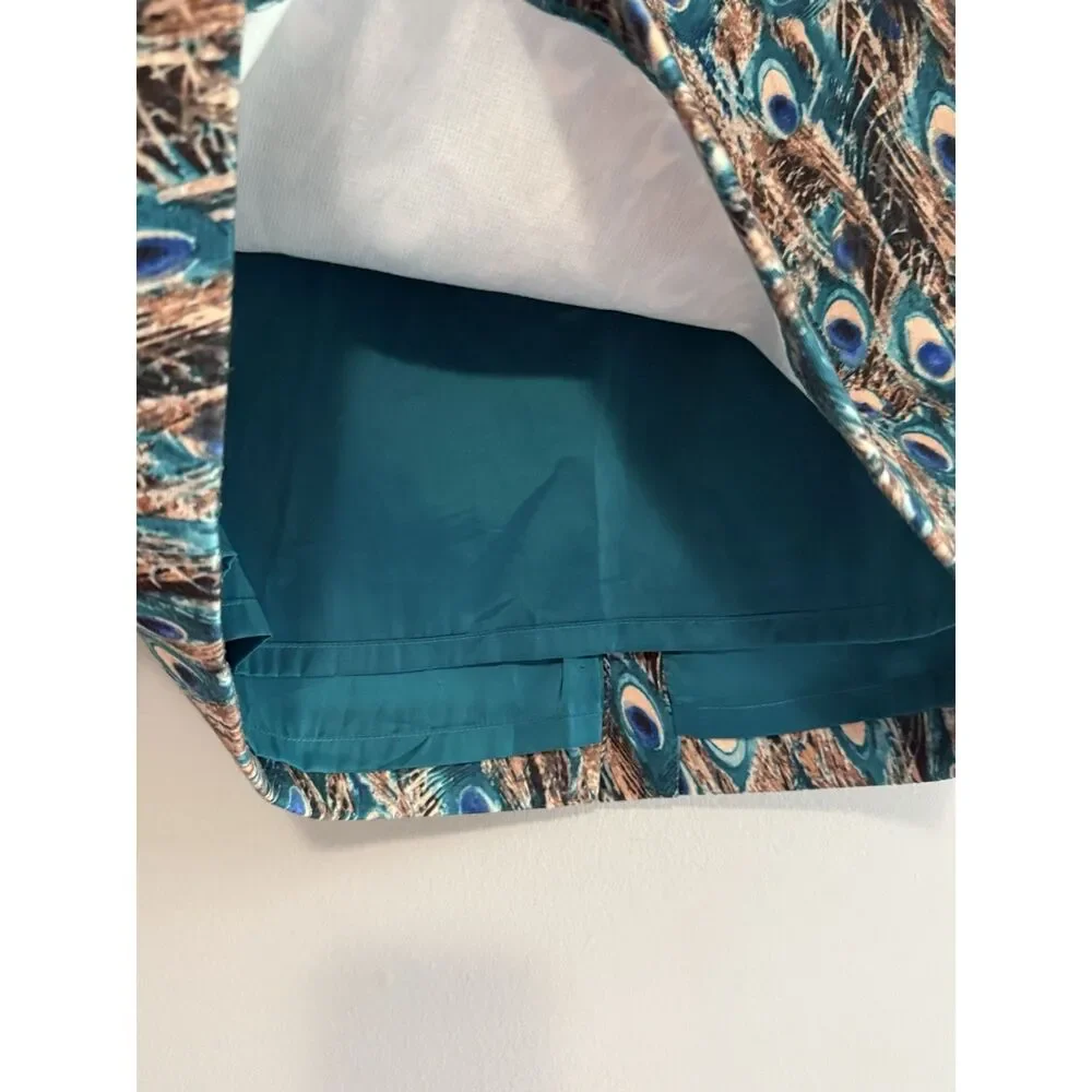 Talbots Peacock Feathers Print Pencil Skirt Stretch Knit 10 Petite Office Work